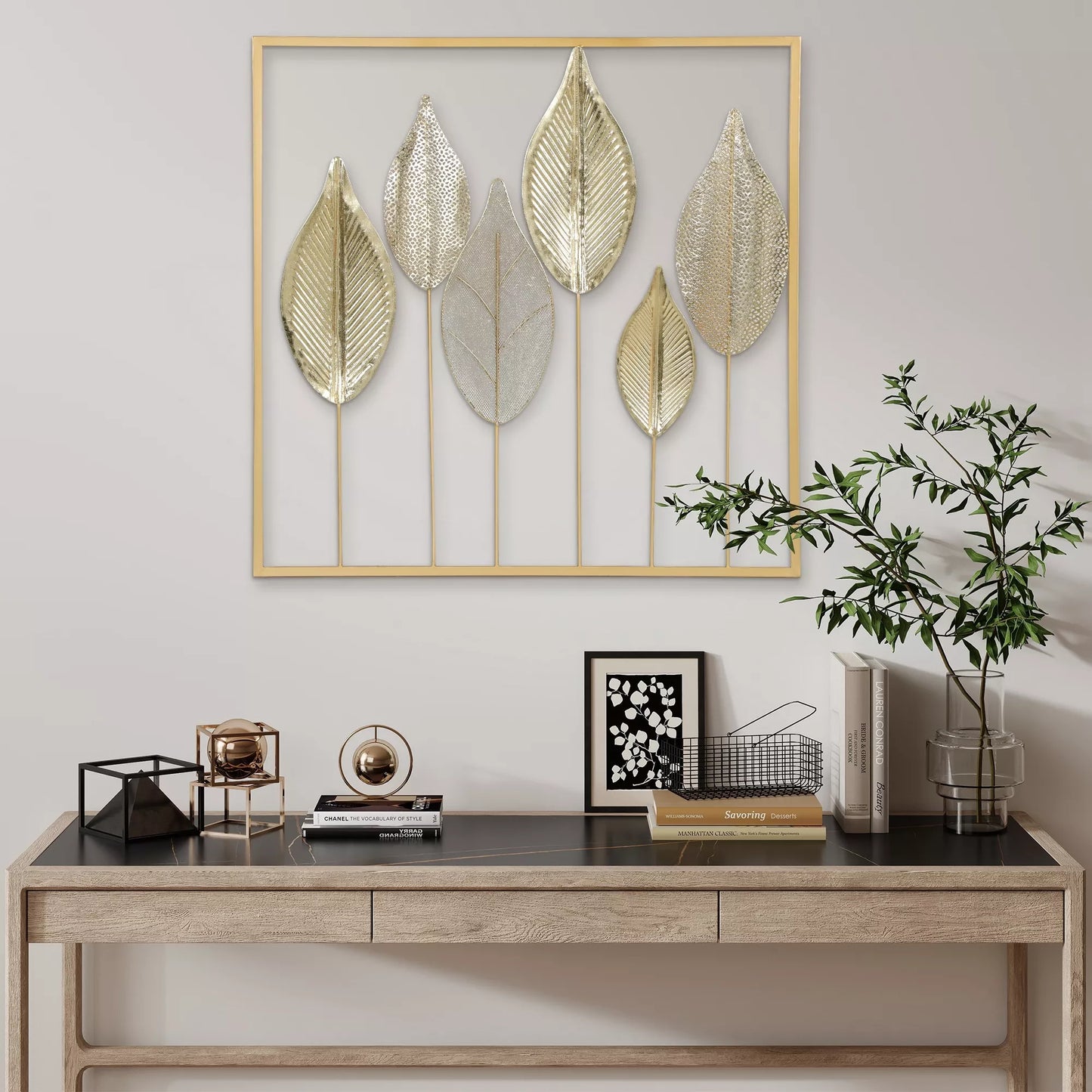 Metalinis rėmas su lapų dizainu, sienų dekoras, modernus stilius, aukso spalvos