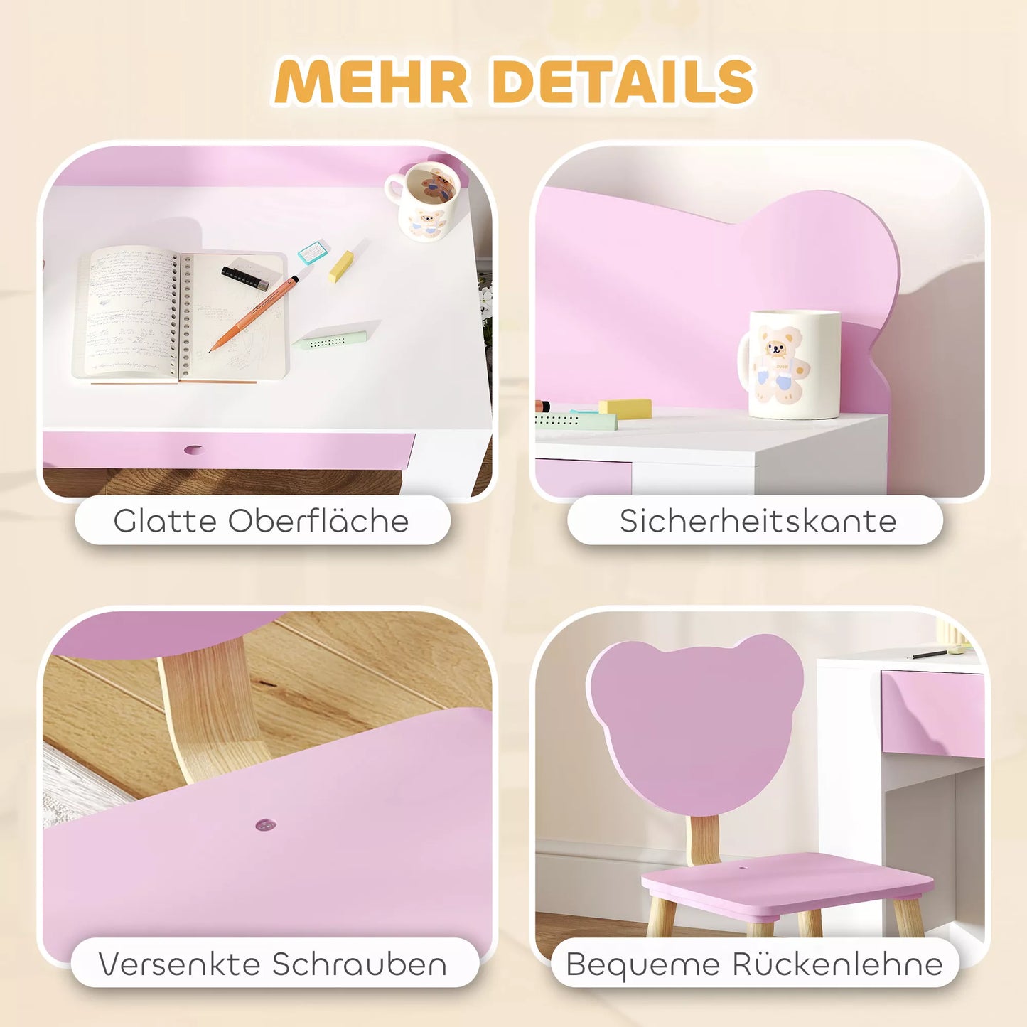 Vaikiškas rašomojo stalo ir kėdės komplektas, meškiuko formos, su stalčiumi, skirtas rašymui ir rankdarbiams, 3-8 metų vaikams, rožinės spalvos