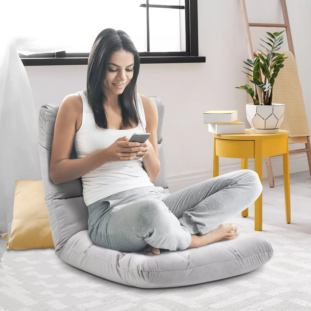 Sulenkiama grindinė kėdė su atlošo reguliavimo funkcija, paminkštinta poilsio kėdė TV žiūrėjimui, skaitymui, meditacijos kėdė "Lazy Sofa" skaitymo fotelis meditacijai namuose, pilka