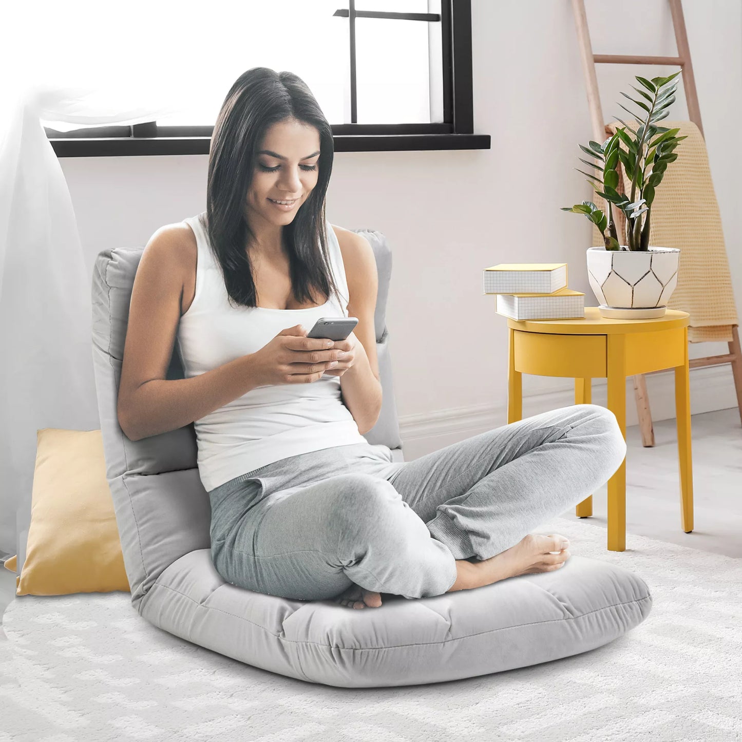 Sulenkiama grindinė kėdė su atlošo reguliavimo funkcija, paminkštinta poilsio kėdė TV žiūrėjimui, skaitymui, meditacijos kėdė "Lazy Sofa" skaitymo fotelis meditacijai namuose, pilka