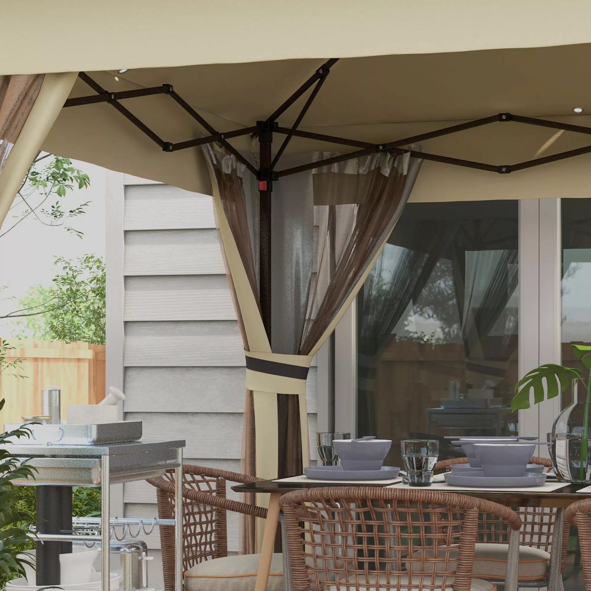 Paviljonas 3,3x3,3 m Vandeniui atsparus išskleidžiamas paviljonas su LED apšvietimu, dvigubu stogu, moskitų tinkleliu, 4 šoninėmis dalimis ir maišeliu