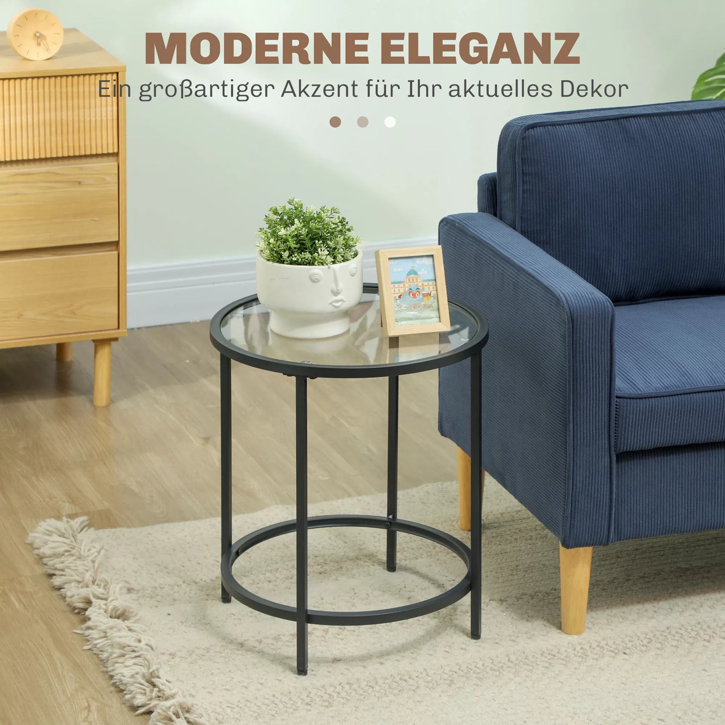 Apvalus staliukas su stiklo plokšte ir metaliniu rėmu, mažas kavos staliukas svetainei, miegamajam, juodas