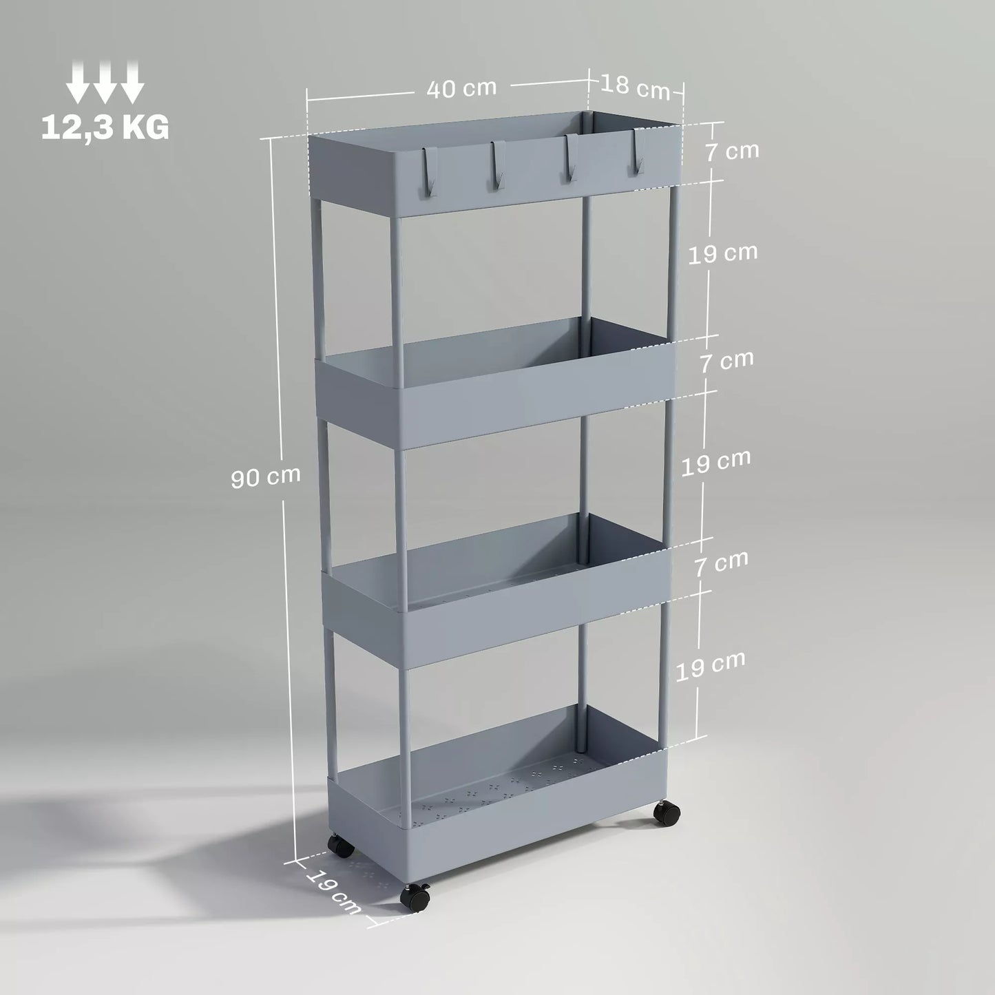 Virtuvės vežimėlis su 4 lentynomis, 4 lanksčiais kabliukais, 4 ratukais, 40 cm x 19 cm x 90 cm, siaurojo tarpo vežimėlis, pilkas