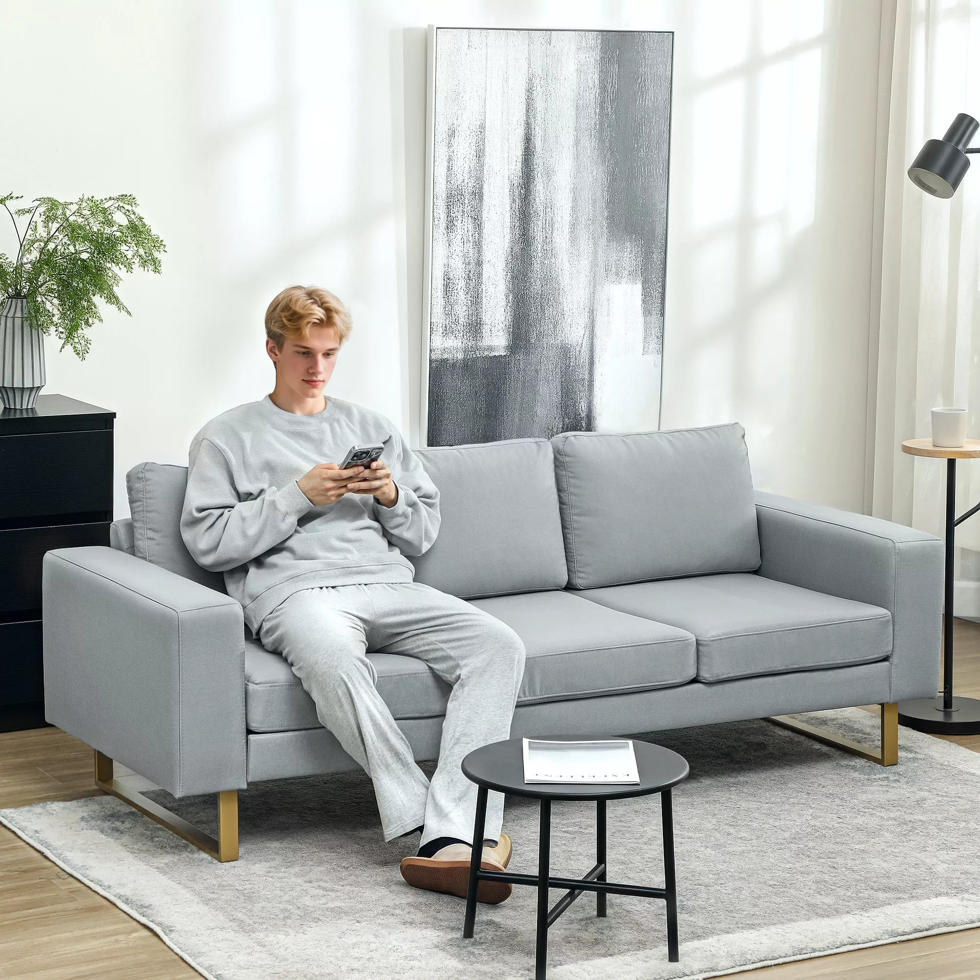3 vietų sofa, su medinio masyvo rėmu, metalinėmis kojomis, paprastas dizainas, šviesiai pilka