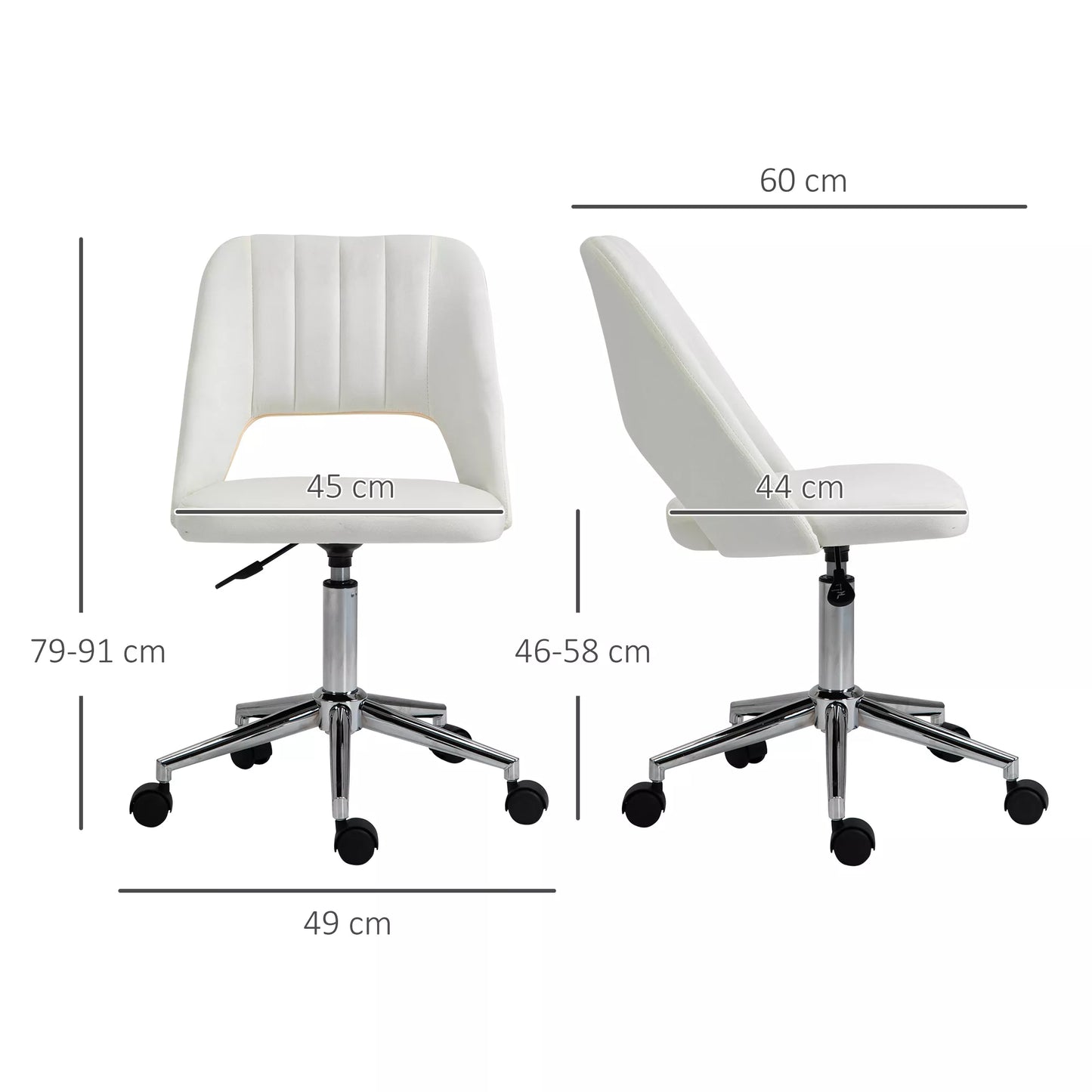 Reguliuojamo aukščio biuro kėdė su ratukais, 360° besisukanti, su jūros kriauklių formos atlošu, putplastis, 49 x 60 x 79–91 cm, kreminės baltos spalvos