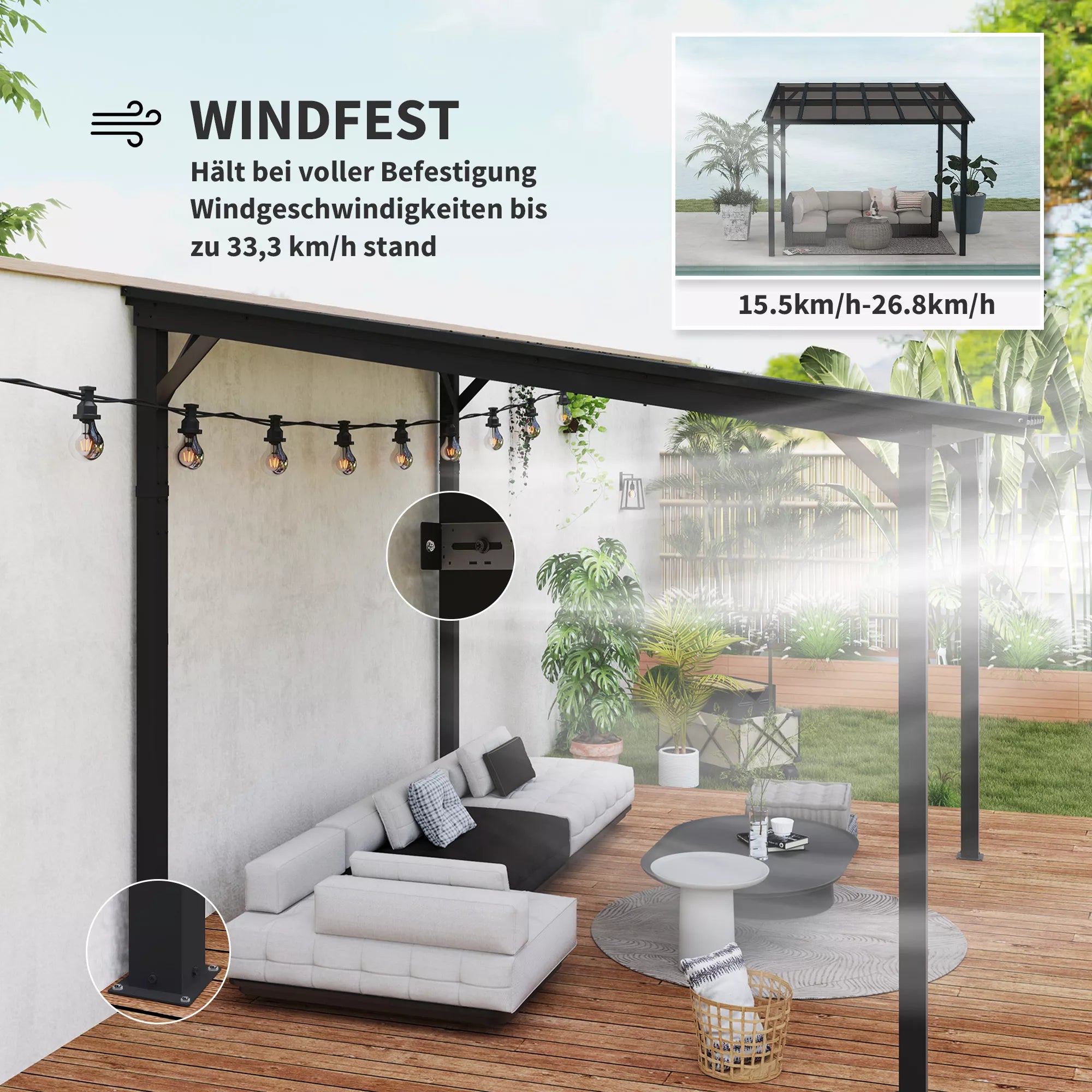 3 x 3 m metalinė pergola, sodo pergola su vandeniui atspariu stogu, laisvai stovinti, atspari vėjui, atspari UV spinduliams, tamsiai pilka