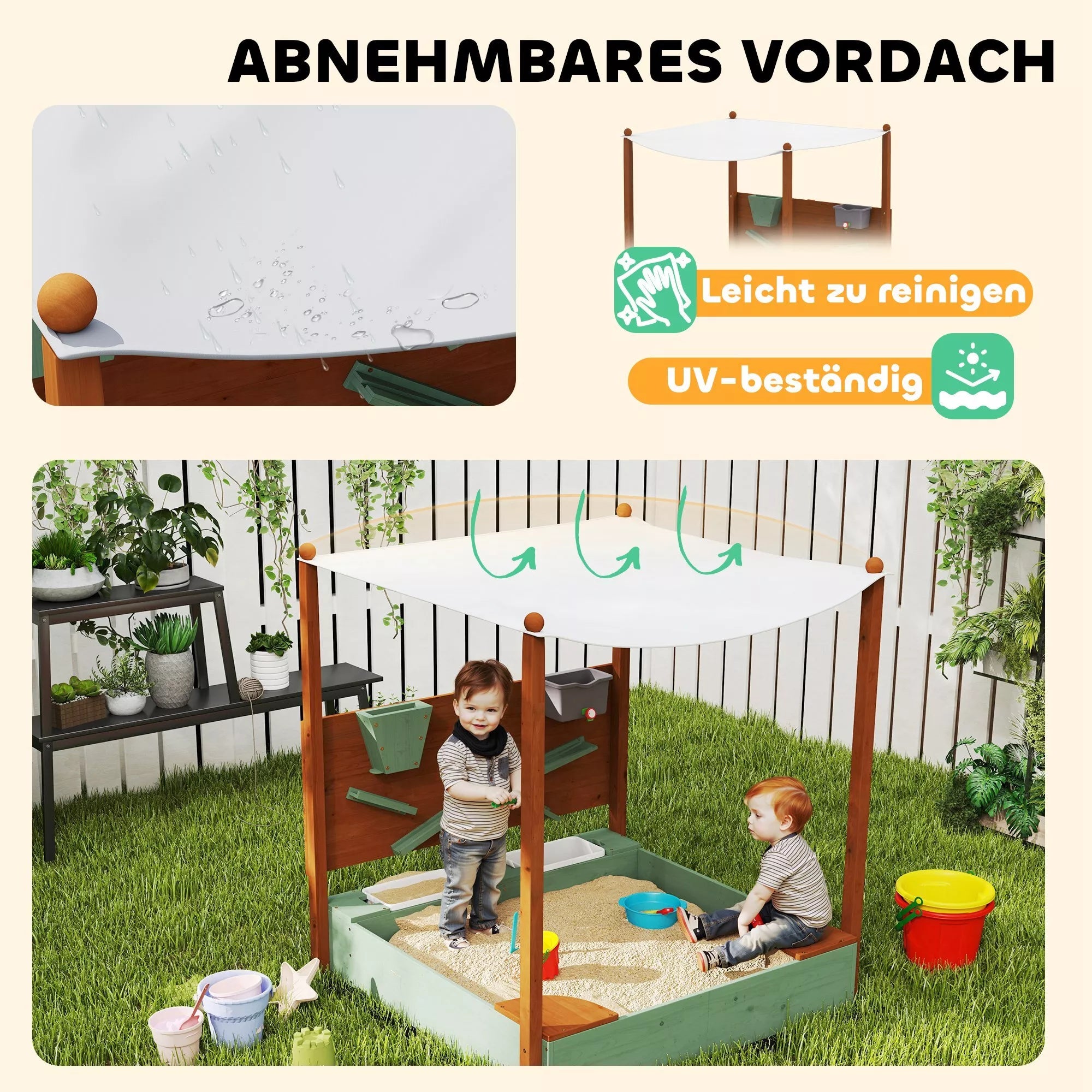 Smėlio dėžė su saulės stogu vaikams, 2 laikymo dėžės, 116L x 112,5B x 128H cm, pušies mediena, plastikas, žalia