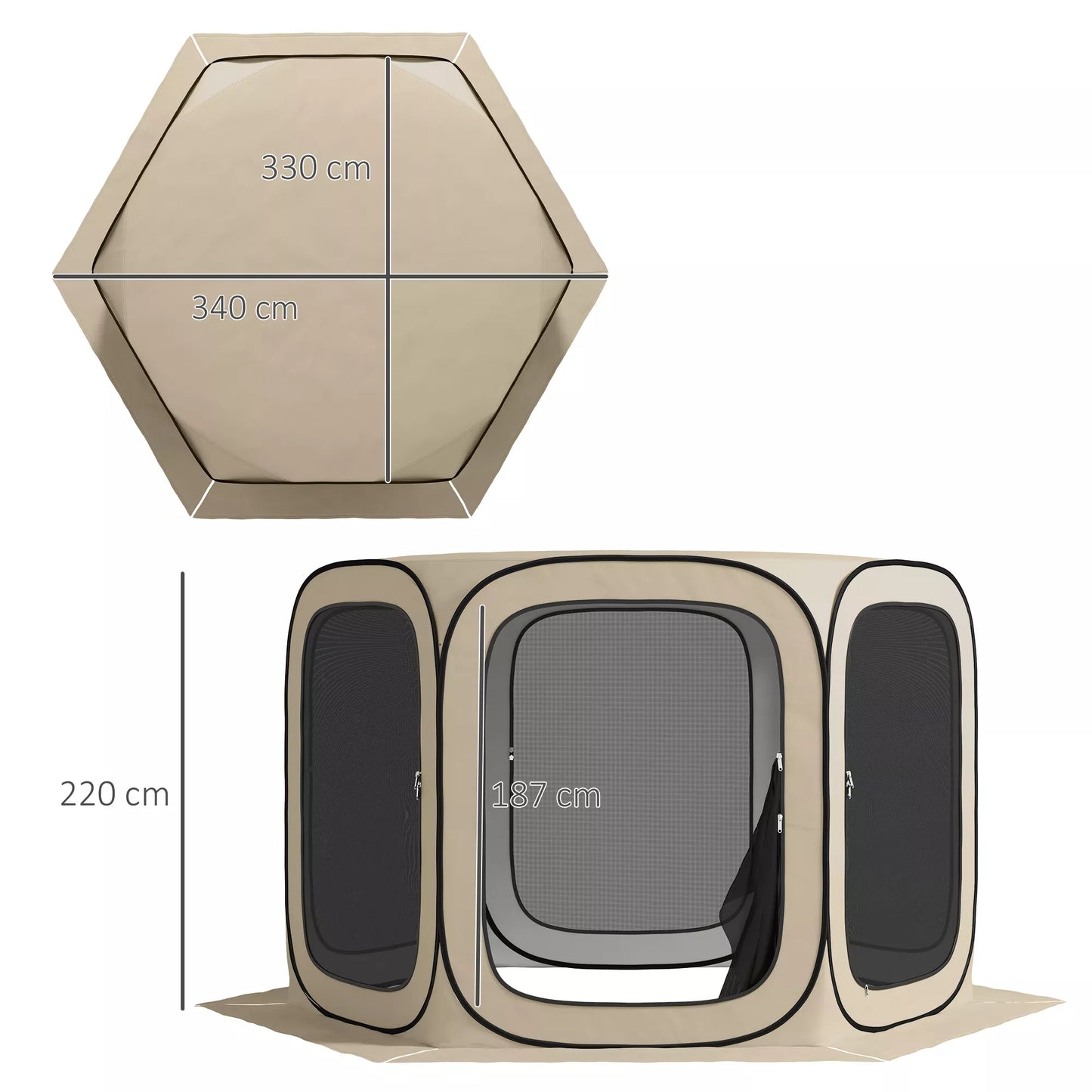 Automatinė kempingo palapinė, nešiojama, su UPF50+ apsauga, tinklelio šonais, plieninio rėmo, chaki spalvos
