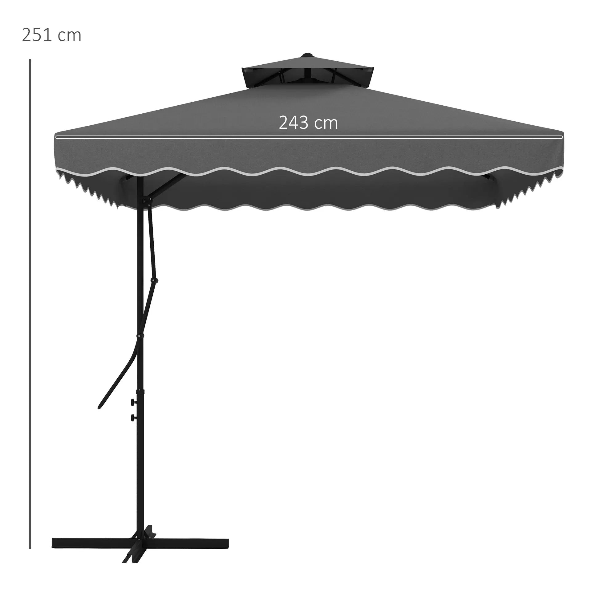 Sodo skėtis, pakabinamas skėtis, dekoratyvinis kraštas, ventiliacijos stogas, metalinis rėmas, 2,4x2,4x2,6 m, tamsiai pilkos spalvos