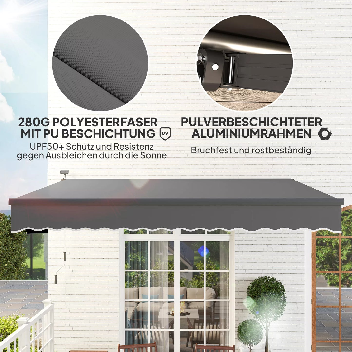 Spaustukinis markizinis tentas su rankine švaistikle, saulės apšvietimu, išskleidžiamomis svirtimis, apsauga nuo saulės UV 50+, 400 cm pločio, pilkos spalvos