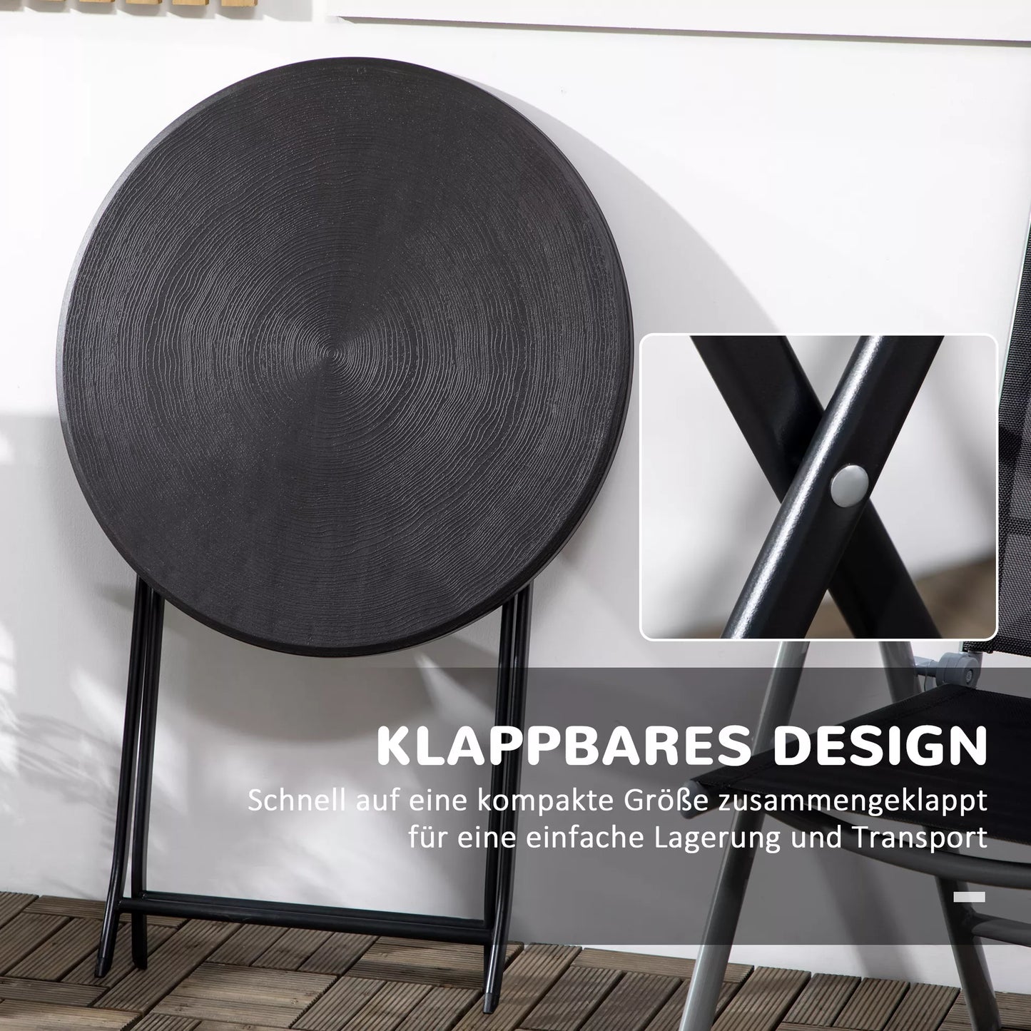 Sodo stalas, apvalus, sulankstomas, 2 asmenims, medžio imitacija, plienas + plastikas, tamsiai pilkos spalvos, 60 x 60 x 73 cm