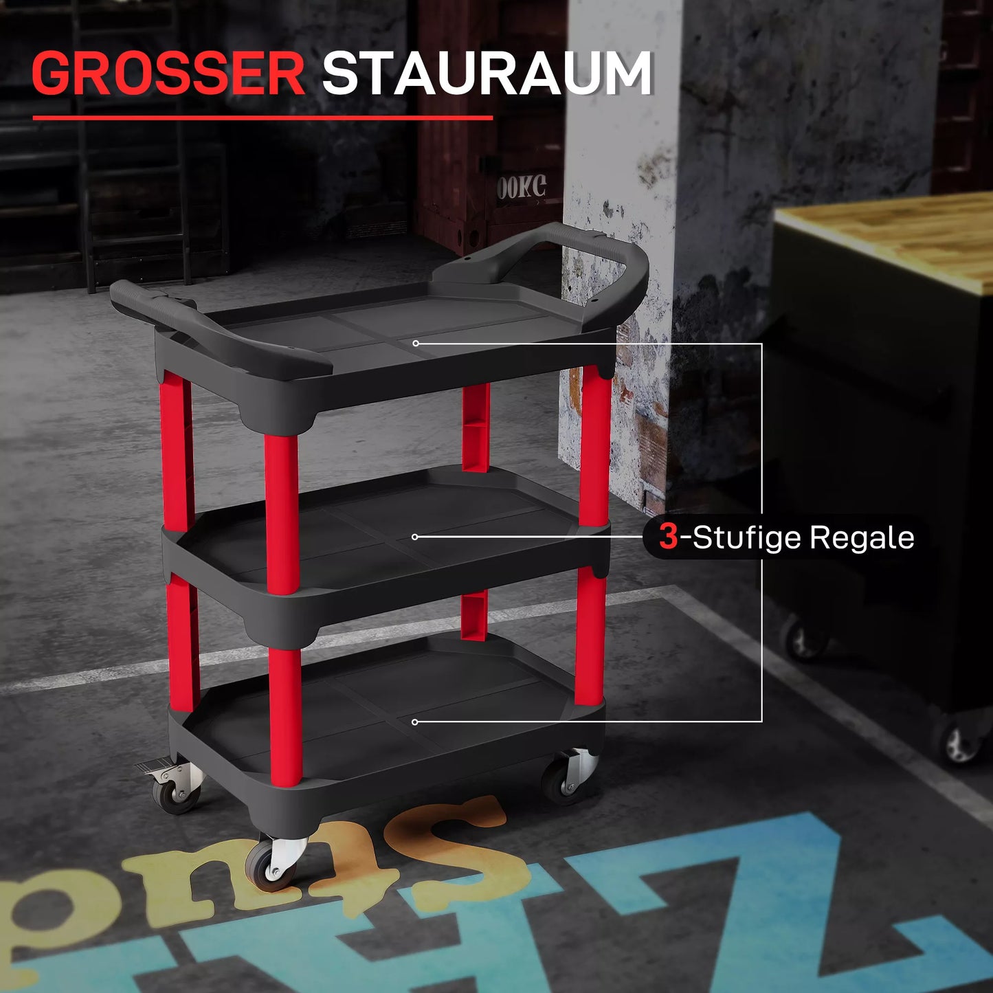 3 lentynų įrankių vežimėlis su šoninėmis rankenomis ir ratukais, plastikas, juodas