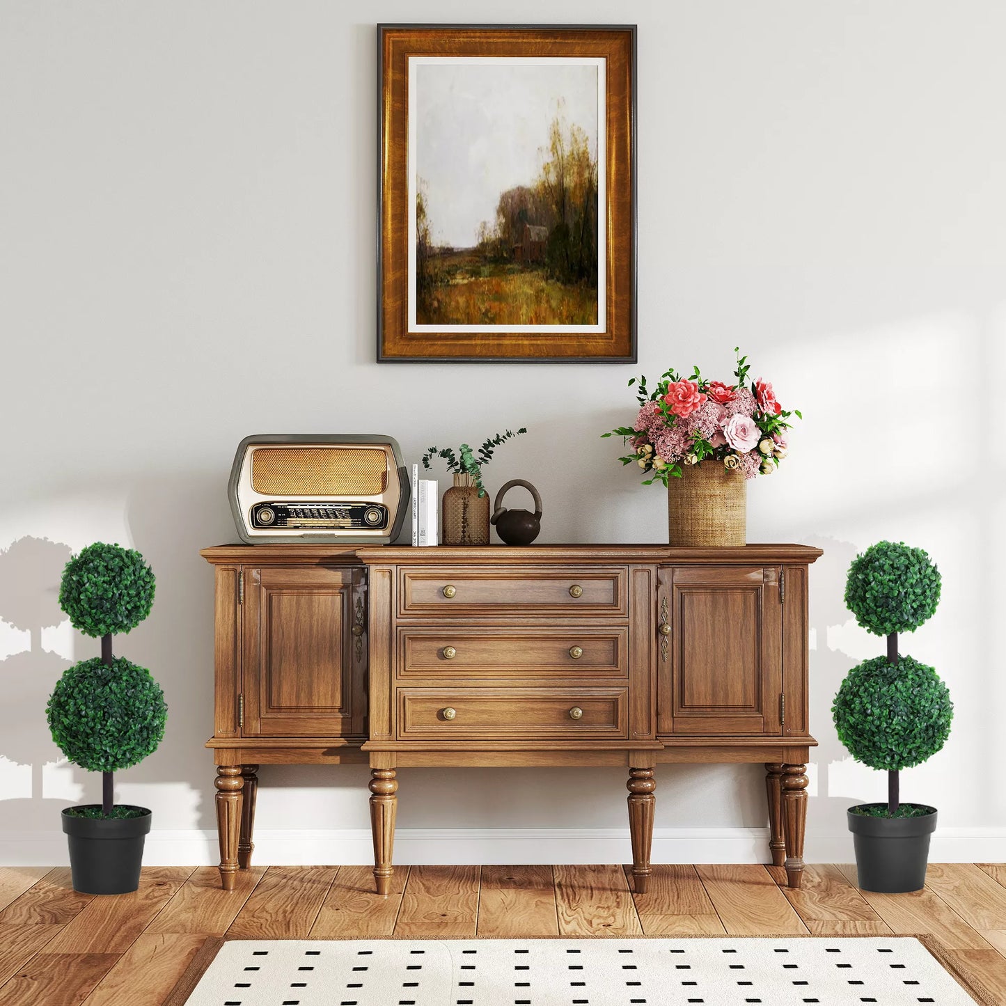 2 vnt. rinkinys Dirbtinis augalas, Dirbtiniai augalai rutulio dizaino, Dirbtinis medis cemento vazone, Plastikinis augalas, Žalias+Juodas