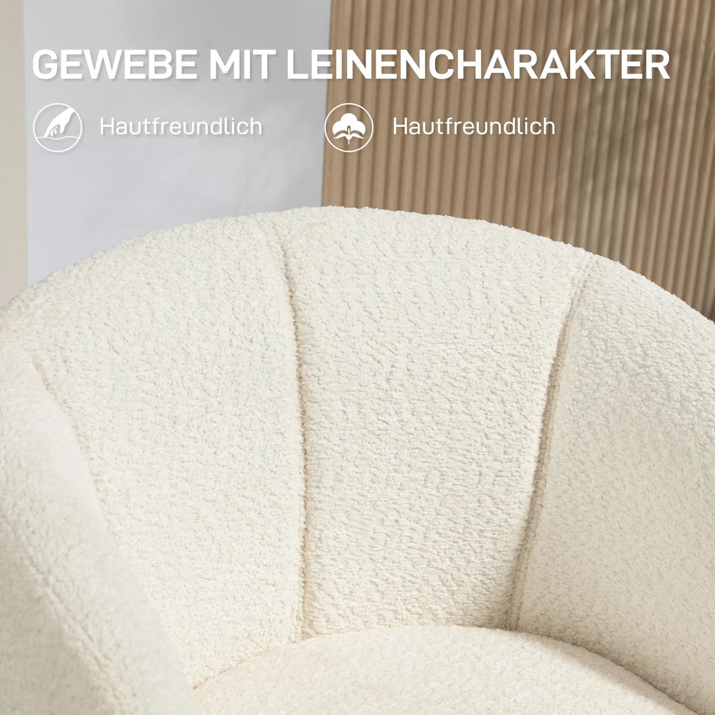 Krėslas, minkštas fotelis su patogia sėdyne, pasukamas, su jaukiu apmušalu, iki 120 kg, kreminės baltos spalvos