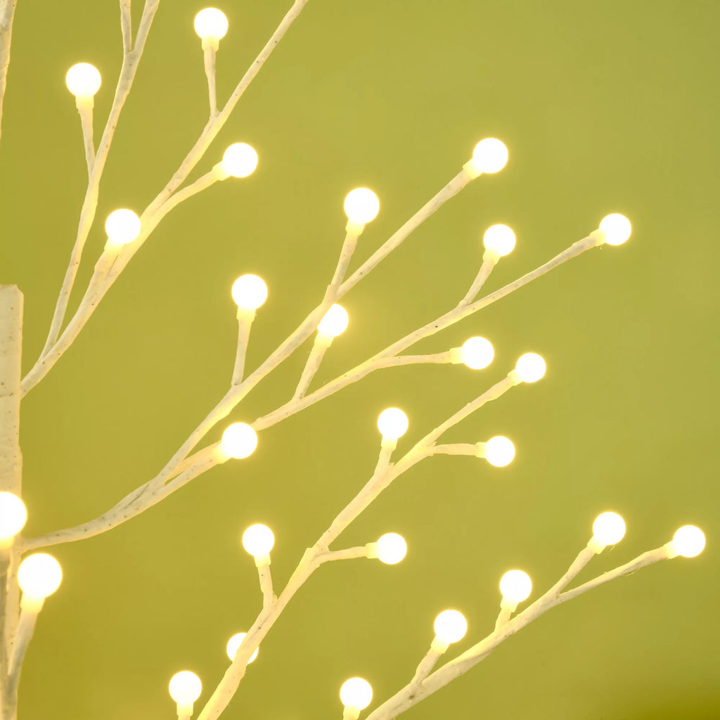 Dirbtinė beržo medelė su 120 LED lempučių, 3 šviesumo pakopomis, sulankstomomis šakomis, IP44, 150 cm, Balta