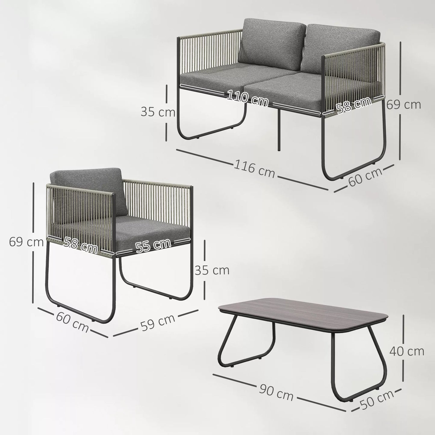 Lauko baldų komplektas iš poliratano, Lounge tipo komplektas su sofa, foteliu, stalu ir pagalvėlėmis, atsparus oro sąlygoms, 116 x 60 x 69 cm, ruda+tamsiai pilka