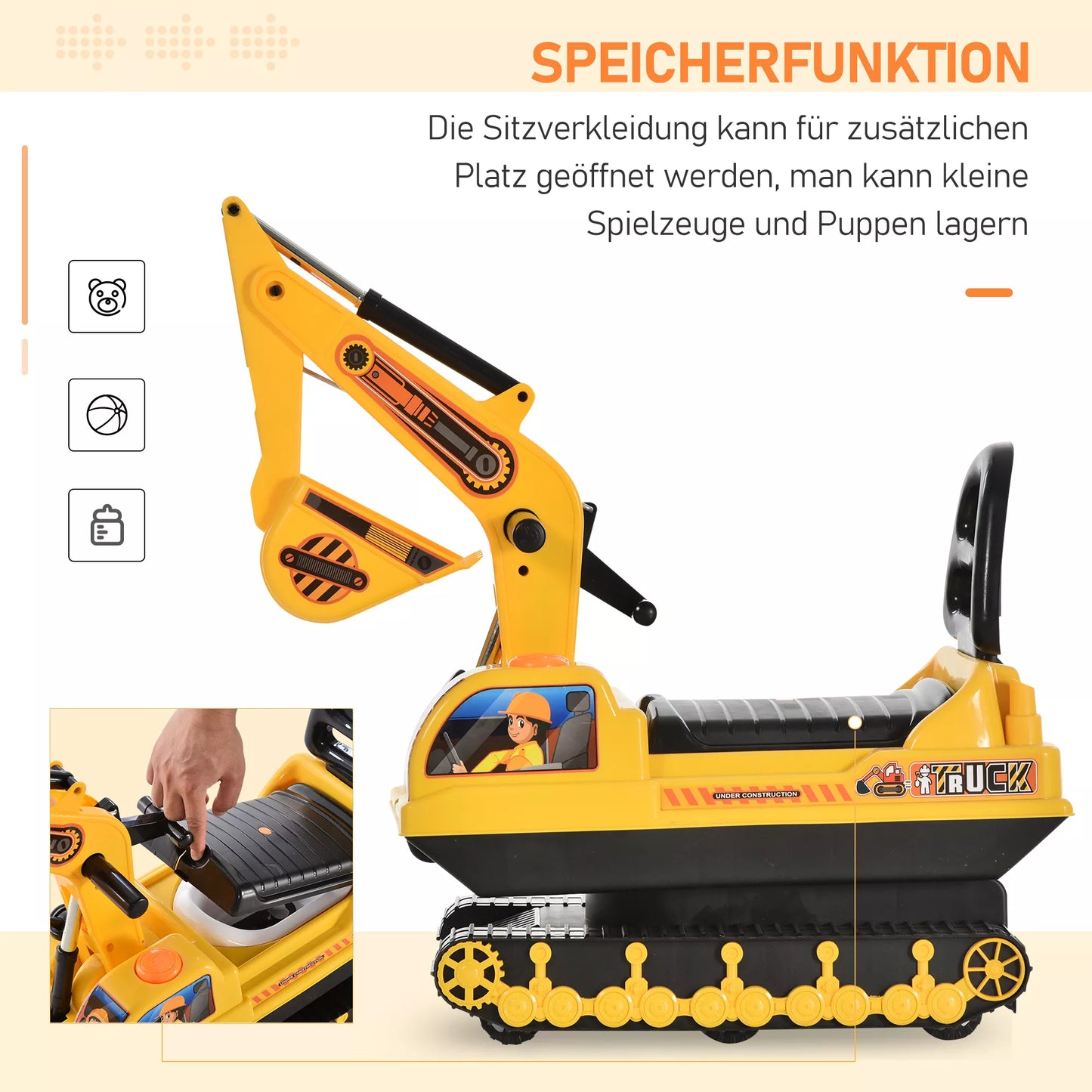 Vaikiškas sėdimasis ekskavatorius su kaušeliu ir garsiniu signalu, vaikams skirtas ekskavatorius su daiktadėže po sėdyne, žaislinis ekskavatorius, ant kurio galima sėdėti, iki 30 kg, smėlio ekskavatorius vaikams nuo 1,5 iki 4 metų, geltonas