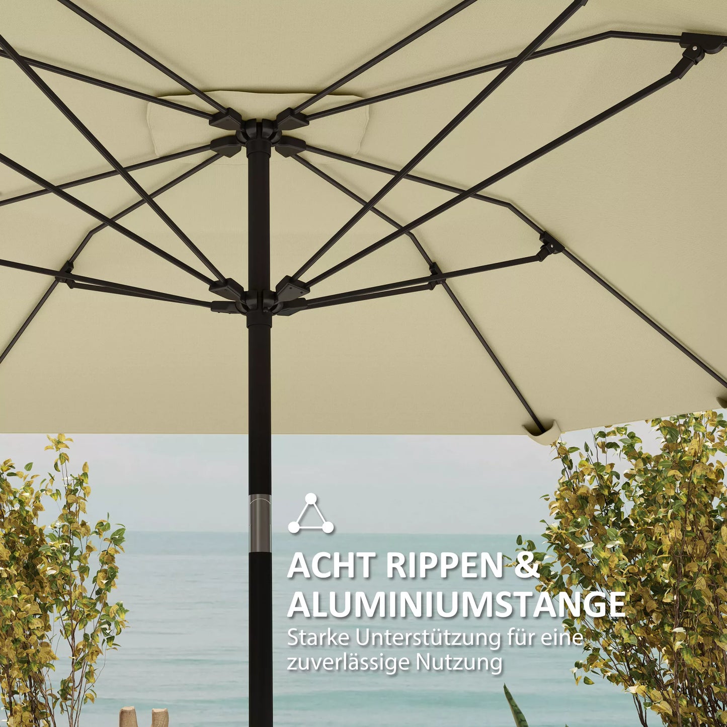 2,3 m skėtis nuo saulės be pagrindo, reguliuojamas terasos skėtis su rankenėle, poliesteris, aliuminis, stiklo pluoštas, smėlio spalvos