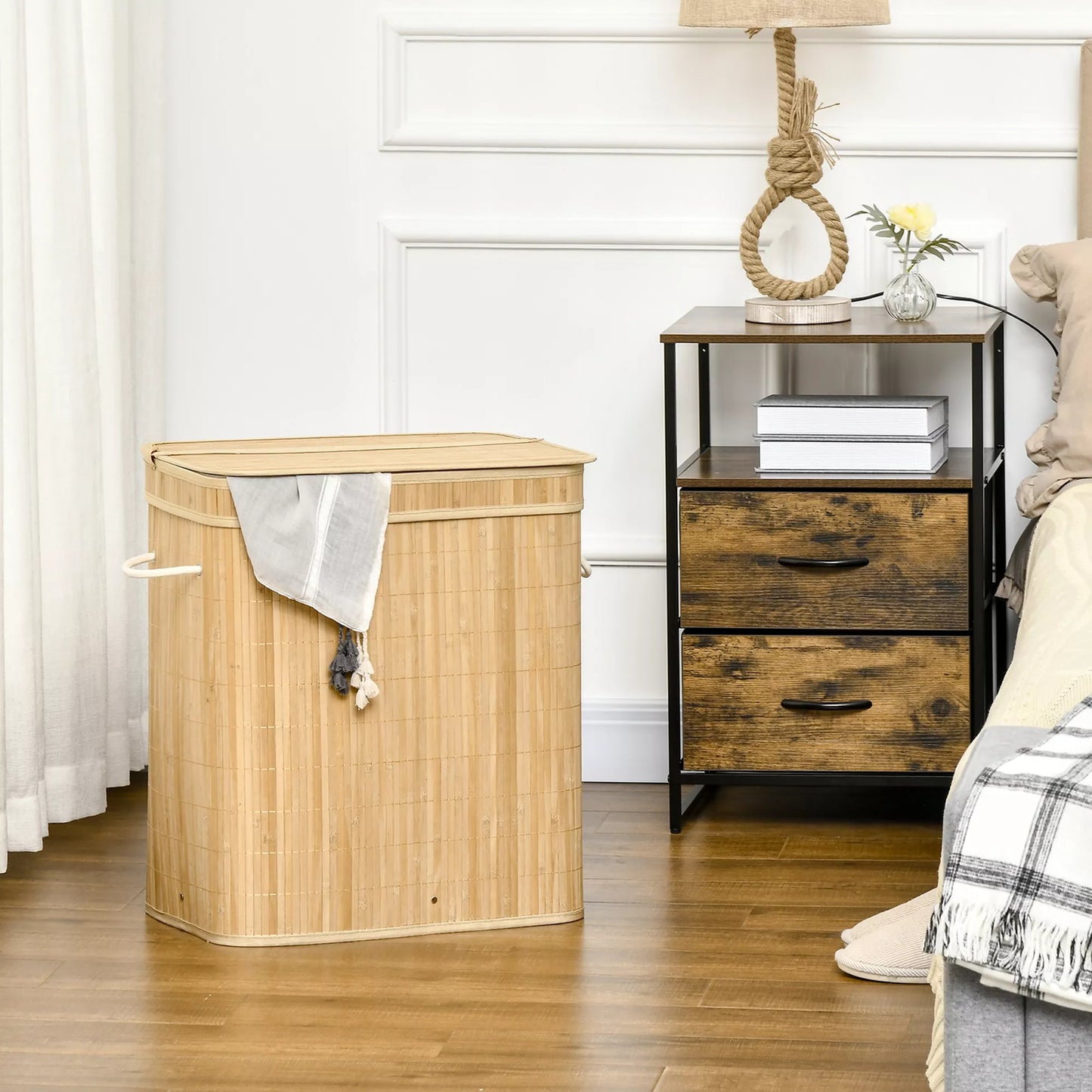 Sulankstomas bambukinis skalbinių krepšys, patogus 90 L skalbinių konteineris su išimamu vidiniu maišeliu ir dangčiu