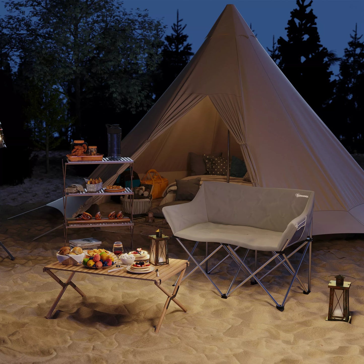 Sulankstoma 2 vietų kempingo kėdė su porankiais, šonine kišene, atlaiko iki 240 kg, pilka