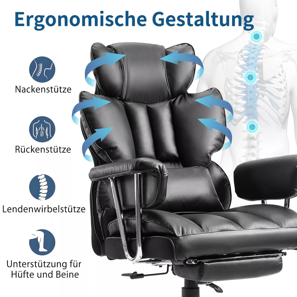 Ergonomiška vadovo biuro kėdė iš PU odos su kojų ir juosmens pagalvėle, juoda
