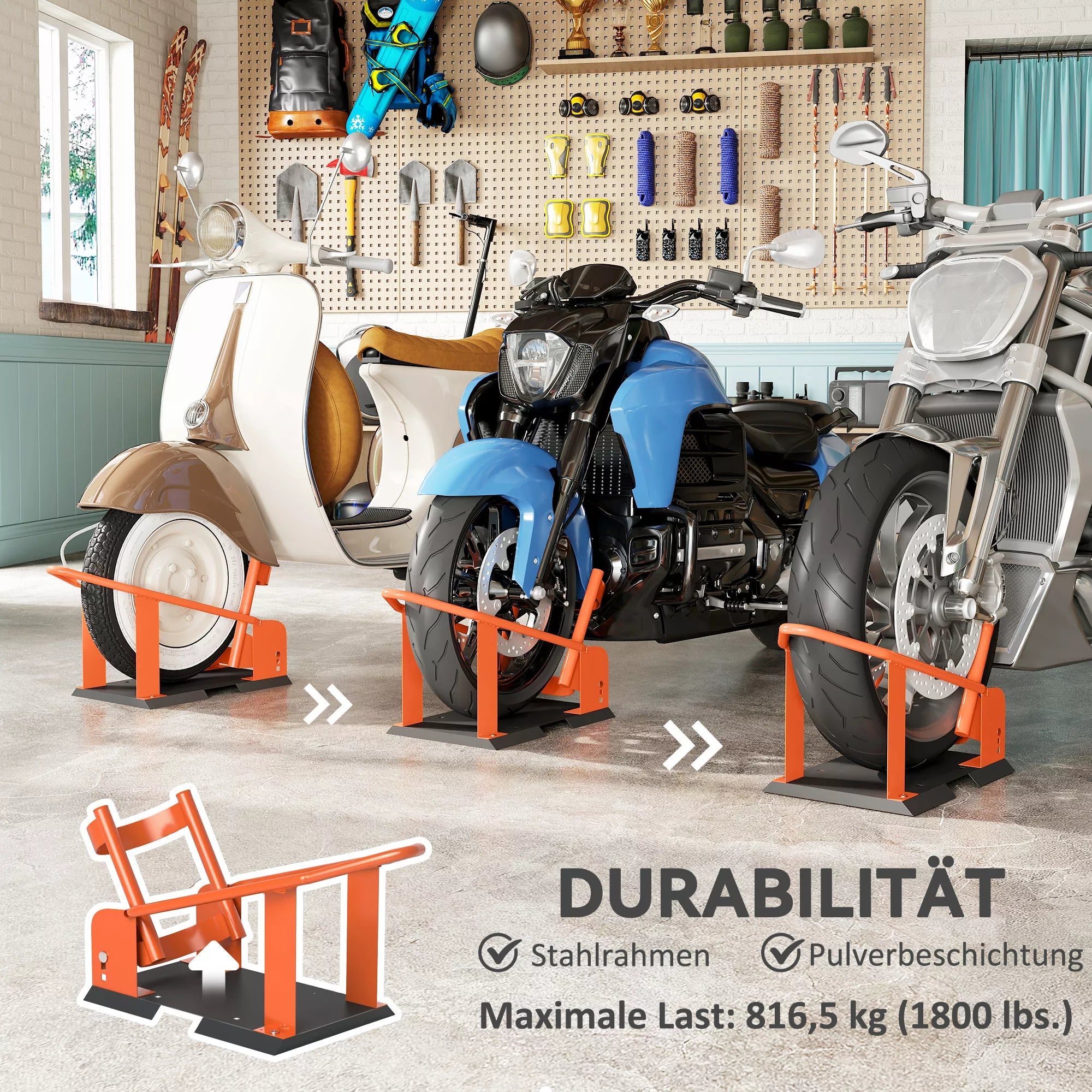 Motociklo stovas 15–21 colių, 381–533,4 mm priekinio rato, reguliuojamas motociklo svirtis, 816,5 kg keliamoji galia, oranžinis