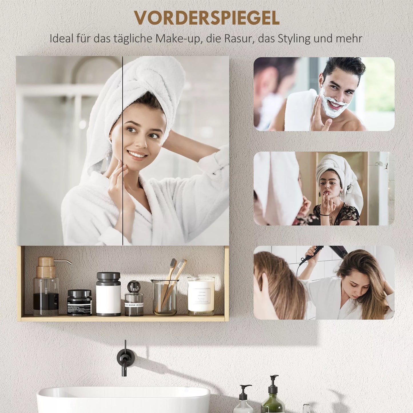 Vonios spintelė, veidrodinės durys, atvira lentyna, sieninis montavimas, MDF, medžio drožlių plokštė, ąžuolas