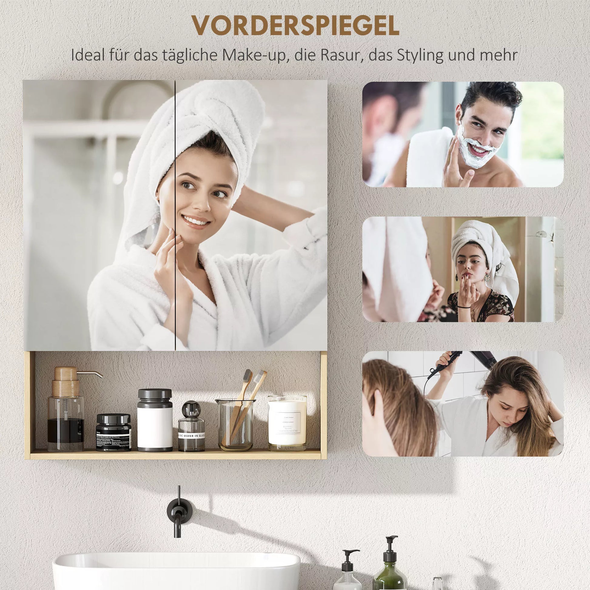 Vonios spintelė, veidrodinės durys, atvira lentyna, sieninis montavimas, MDF, medžio drožlių plokštė, ąžuolas