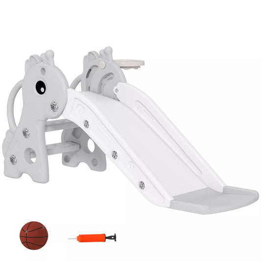 3in1 čiuožykla vaikams, žirafos formos, su krepšinio lanku, kamuoliu, pilka