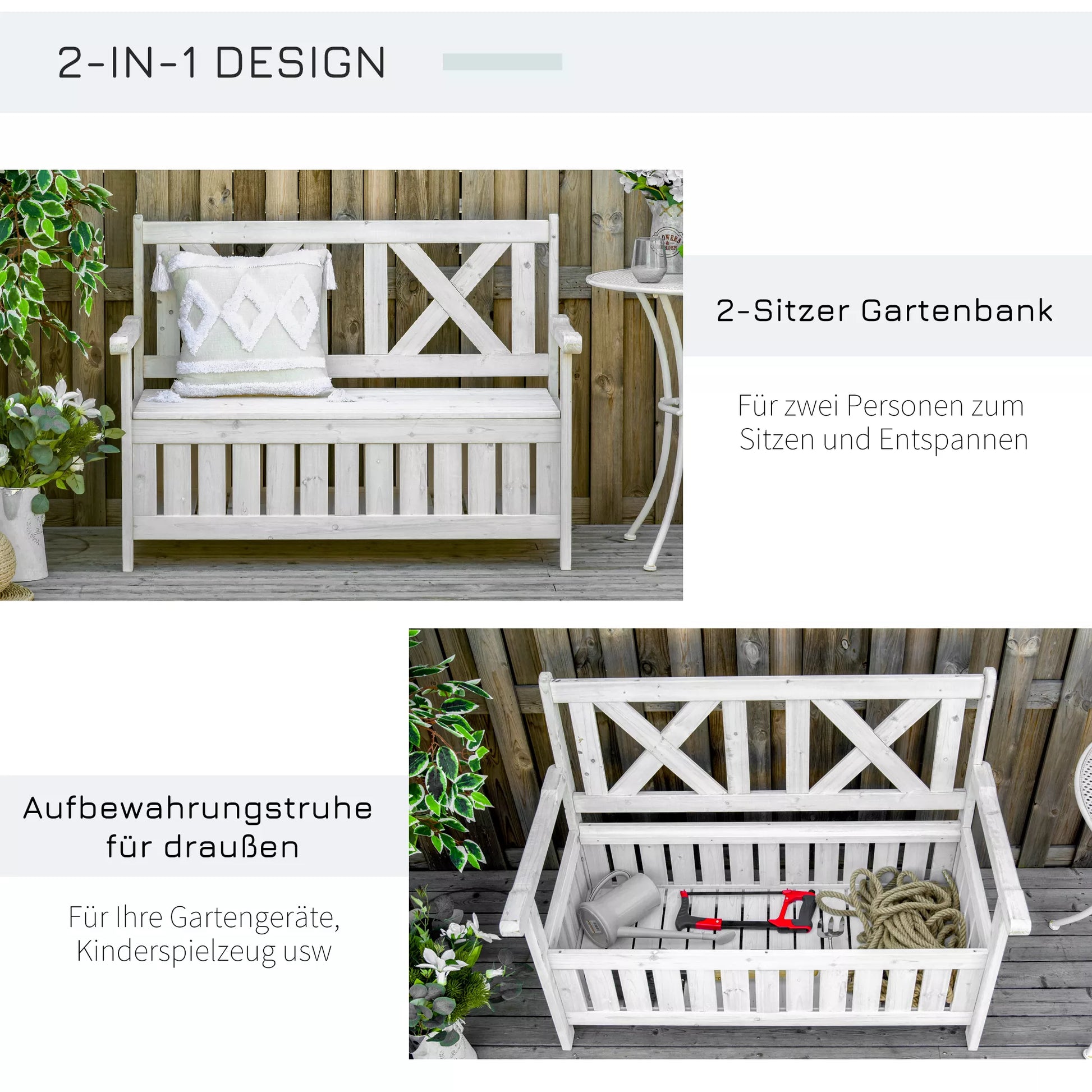 Suoliukas su saugojimo vieta 2 vietų sodo skrynia Skrynia-suoliukas Pagalvės skrynia Saugojimas Balta 115 x 61 x 85 cm