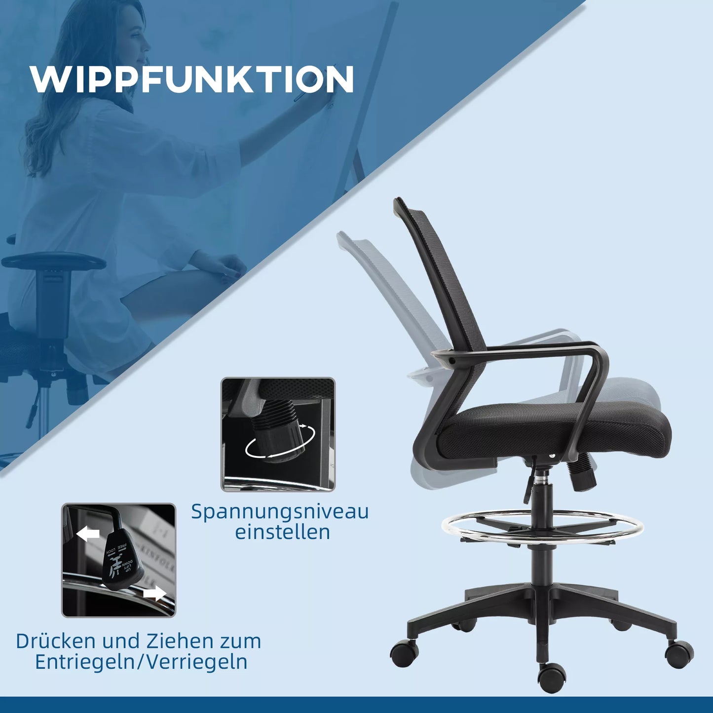 Biuro kėdė, aukščio reguliuojama rašomojo stalo kėdė su kojų atrama, tinklinė atlošas, su ratukais, plastikas, juoda