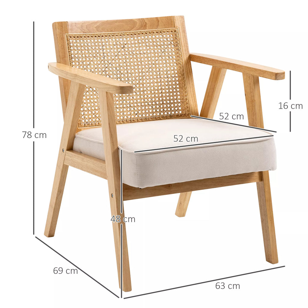 Egzotiška minkšta kėdė, kaučiuko medis, lino audinio imitacijos sėdimoji dalis, 63L x 69B x 78H cm, kreminė balta spalva