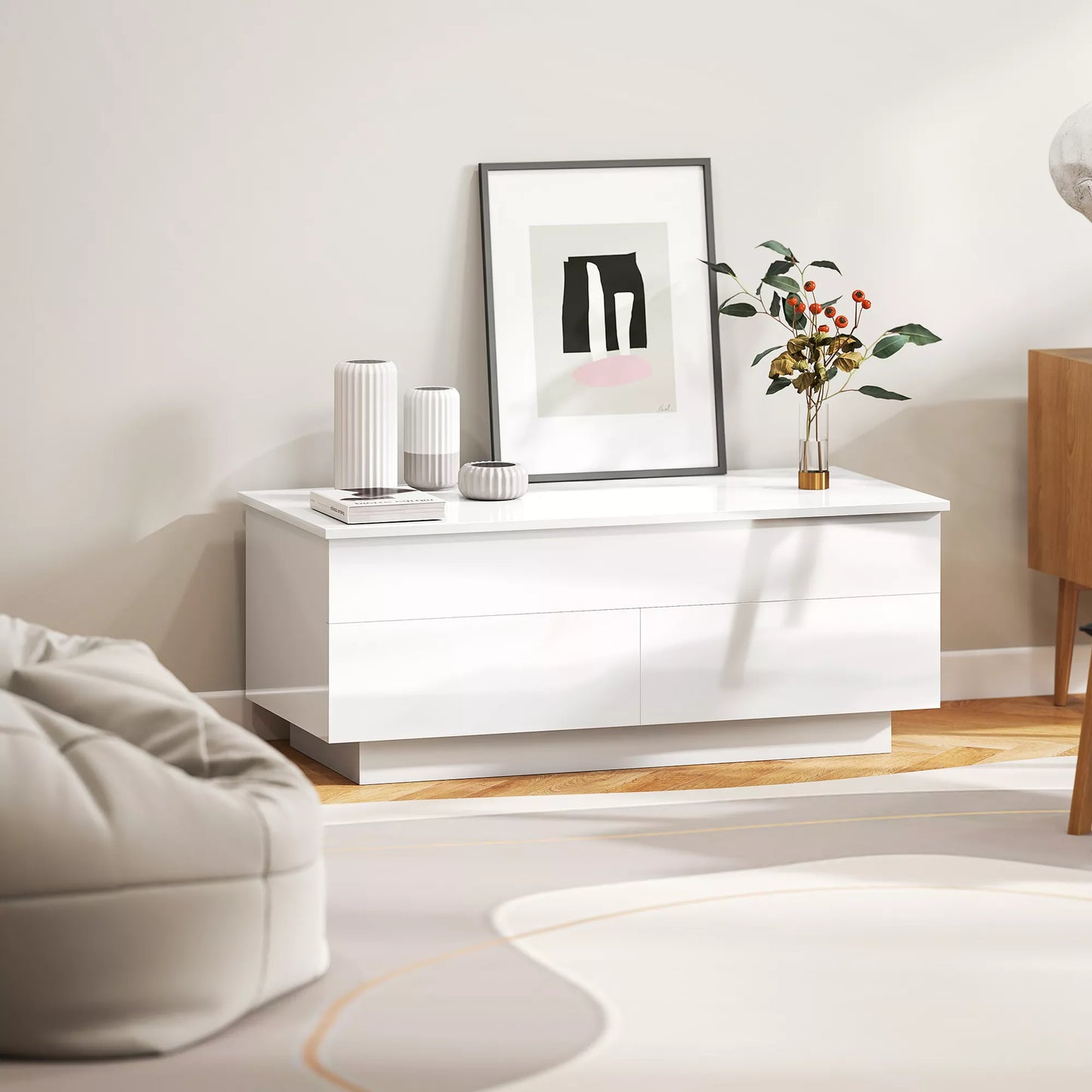 Kavos staliukas reguliuojamas, modernus svetainės baldas su paslėpta daiktų saugykla ir 2 stalčiais, mdf balta blizgi plokštė, 100x50x45 cm