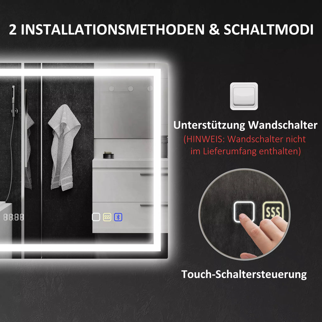 Vonios veidrodis su LED apšvietimu, Bluetooth ir laikrodžiu 60 x 80 cm, sidabrinės spalvos