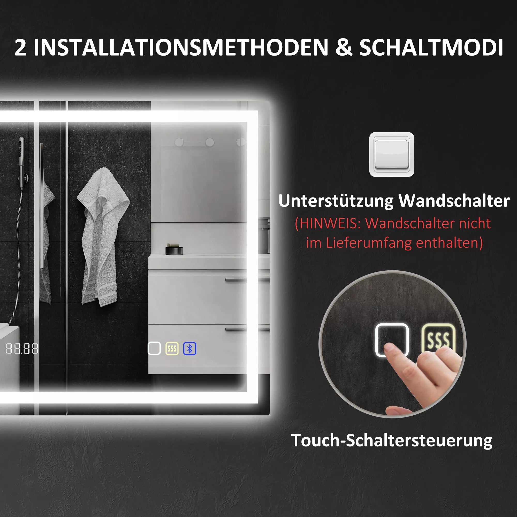 Vonios veidrodis su LED apšvietimu, Bluetooth ir laikrodžiu 60 x 80 cm, sidabrinės spalvos