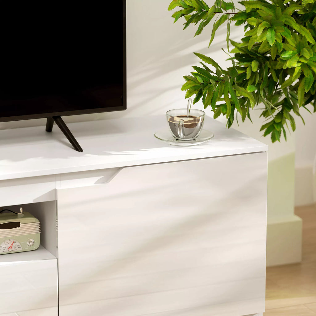TV spintelė, blizgi, skirta televizoriams iki 65 colių, 3 skyriai, stalčius, 160 x 38 x 43 cm, balta