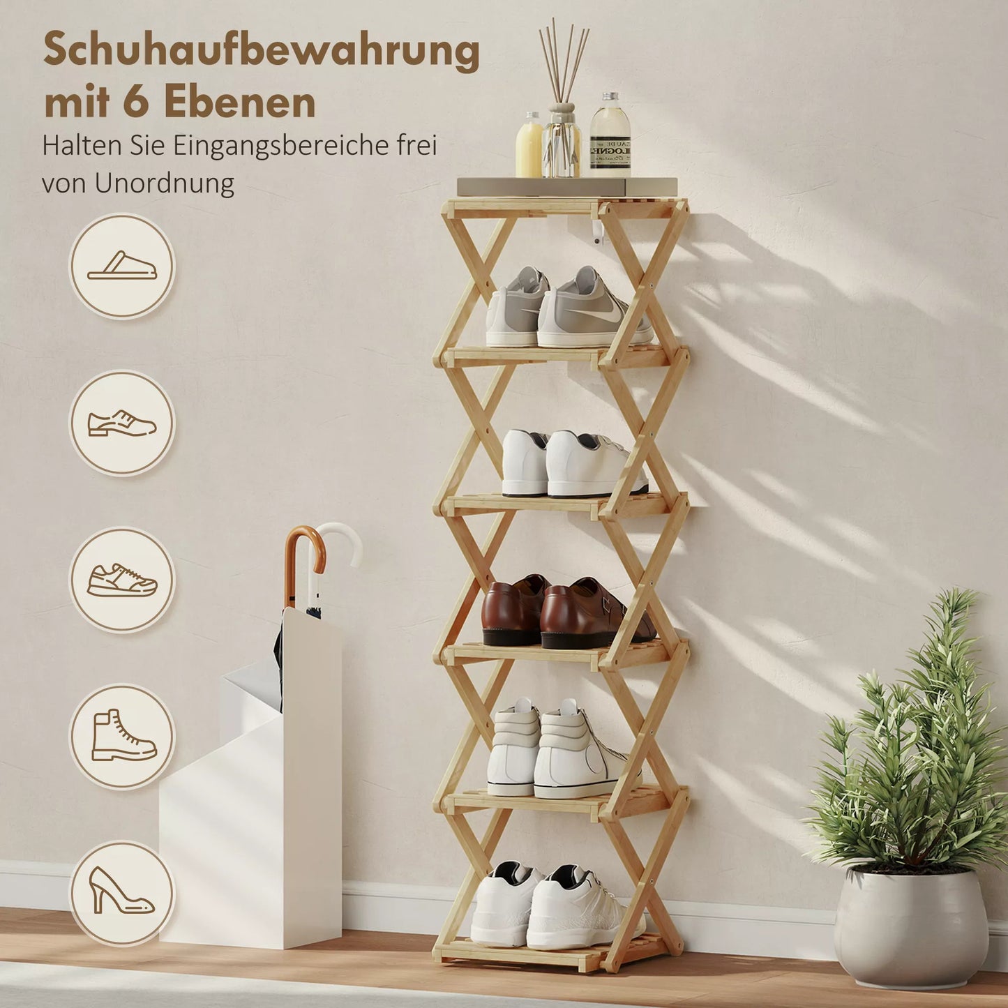 Batų stovas, sulankstomas batų stovas su 6 lygiais iš bambuko, skirtas maks. 9 poroms batų, 30 x 29 x 108 cm, natūralus