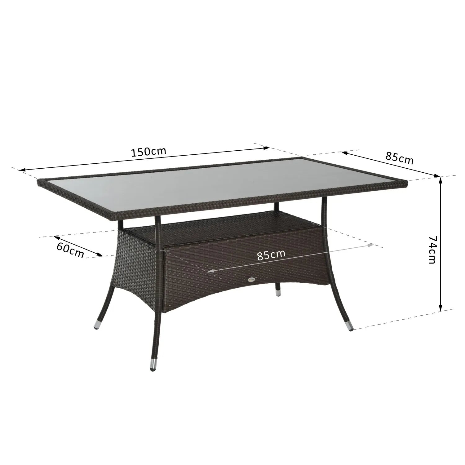 Lauko stalas su stiklo plokšte, polirotango, 150x85x74 cm, rudas/juodas