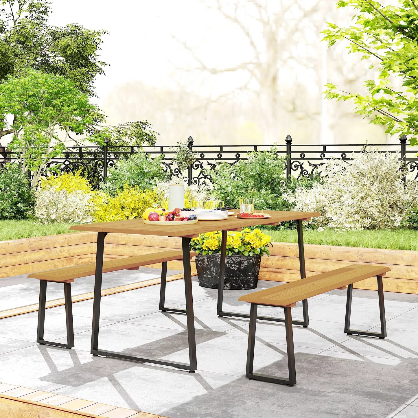 3 dalių medinė sėdimoji grupė, valgomojo komplektas 6 žmonėms, valgomasis stalas su 2 suoliukais, skylė skėčiui, medinis stalas 178 x 76 x 77 cm, natūrali mediena