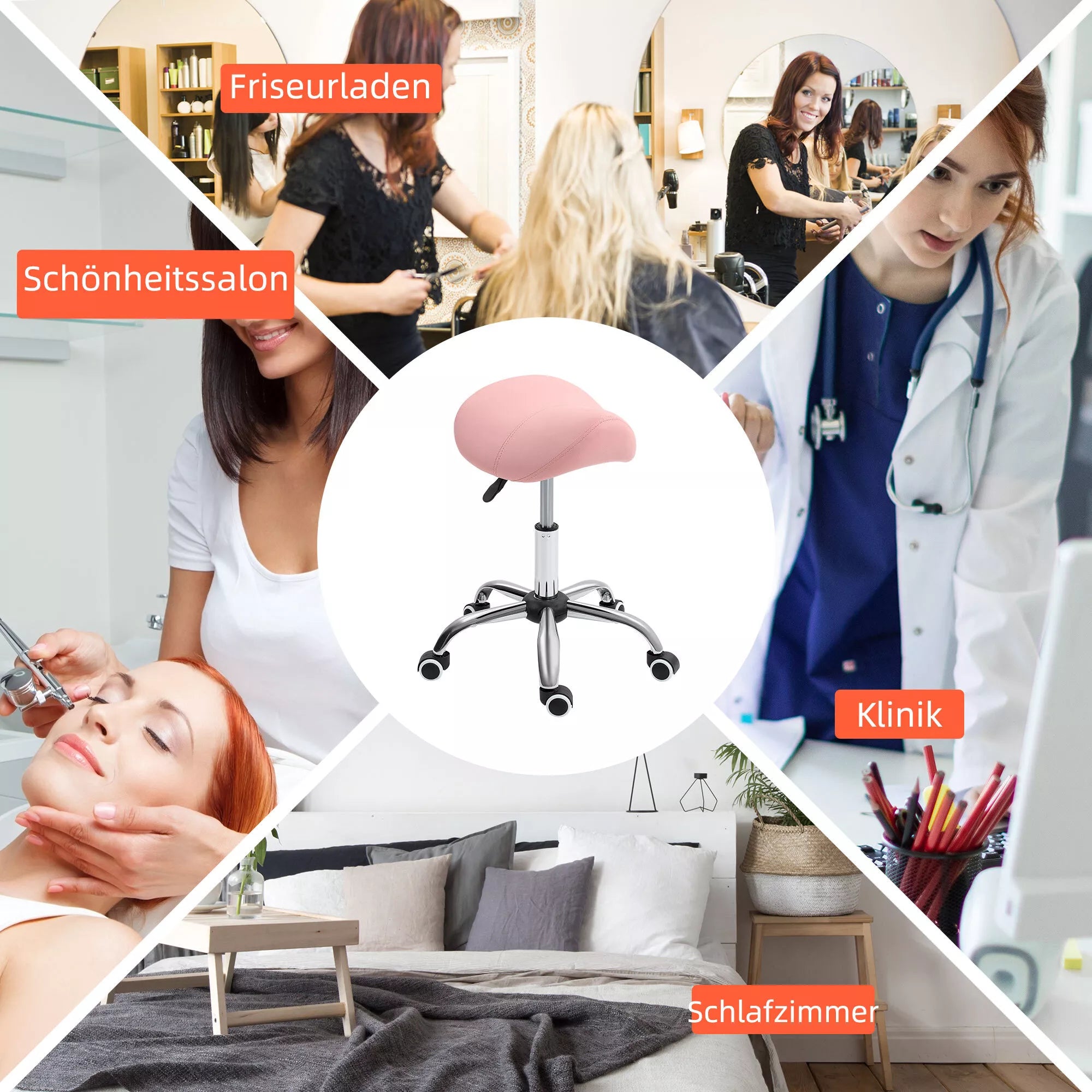 Reguliuojamo aukščio su ratukais taburetė (49–61 cm), 360° pasukama darbo taburetė, biuro taburetė, skirta biurui, salonui, masažui ir SPA, rožinė