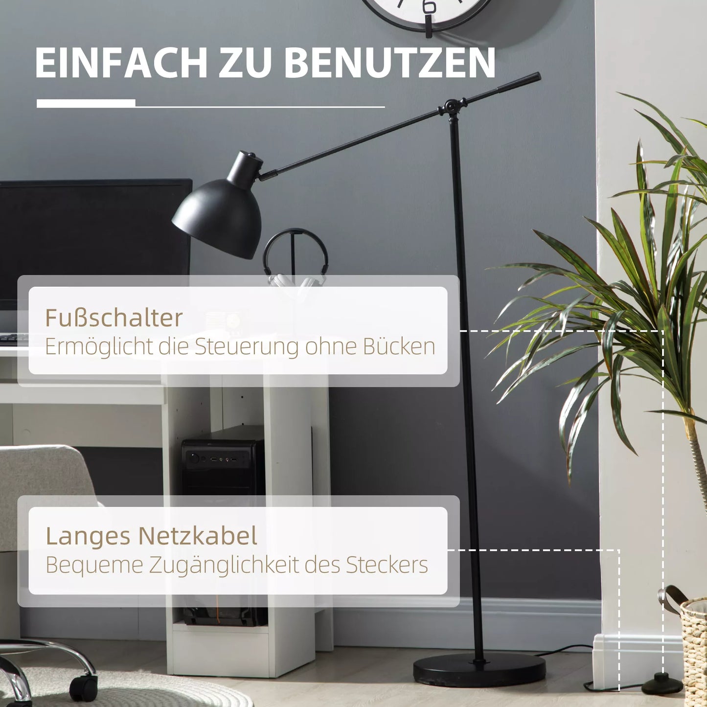 Pastatomas šviestuvas industrinio dizaino, reguliuojamo aukščio, su kojiniu jungikliu; 30 cm x 30 cm x 131 cm, juodas