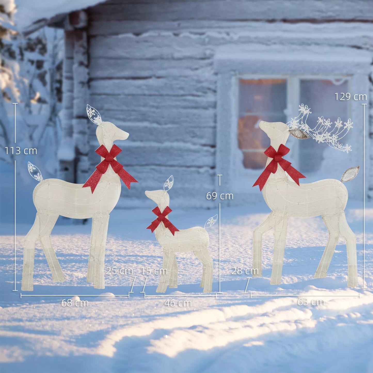 3 dalių Kalėdinė dekoracija, briedžių šeima su LED apšvietimu, raudona kaspinėlis, plienas, poliesteris, atsparus vandeniui