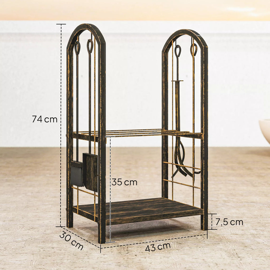 Kaminwood shelf for indoor use 43 x 30 x 74 cm 2-tier firewood shelf with 4 fireplace tools, hooks