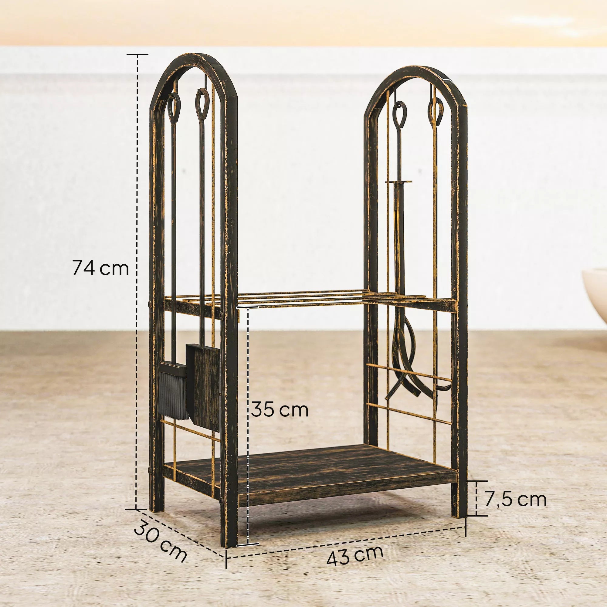 Kaminwood shelf for indoor use 43 x 30 x 74 cm 2-tier firewood shelf with 4 fireplace tools, hooks