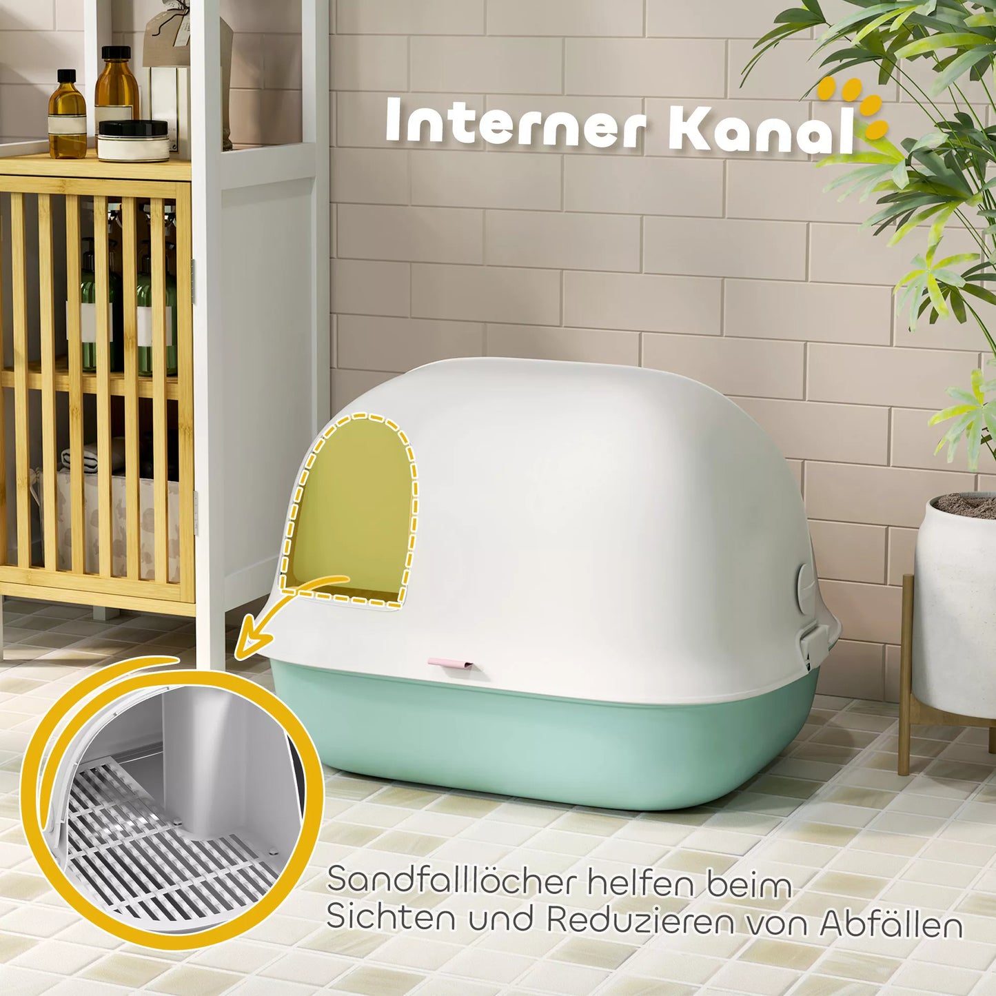 Kačių tualetas su dangčiu, su vidiniu lataku, durimis, kastuvu, lengvai valomas, plastikas, žalias