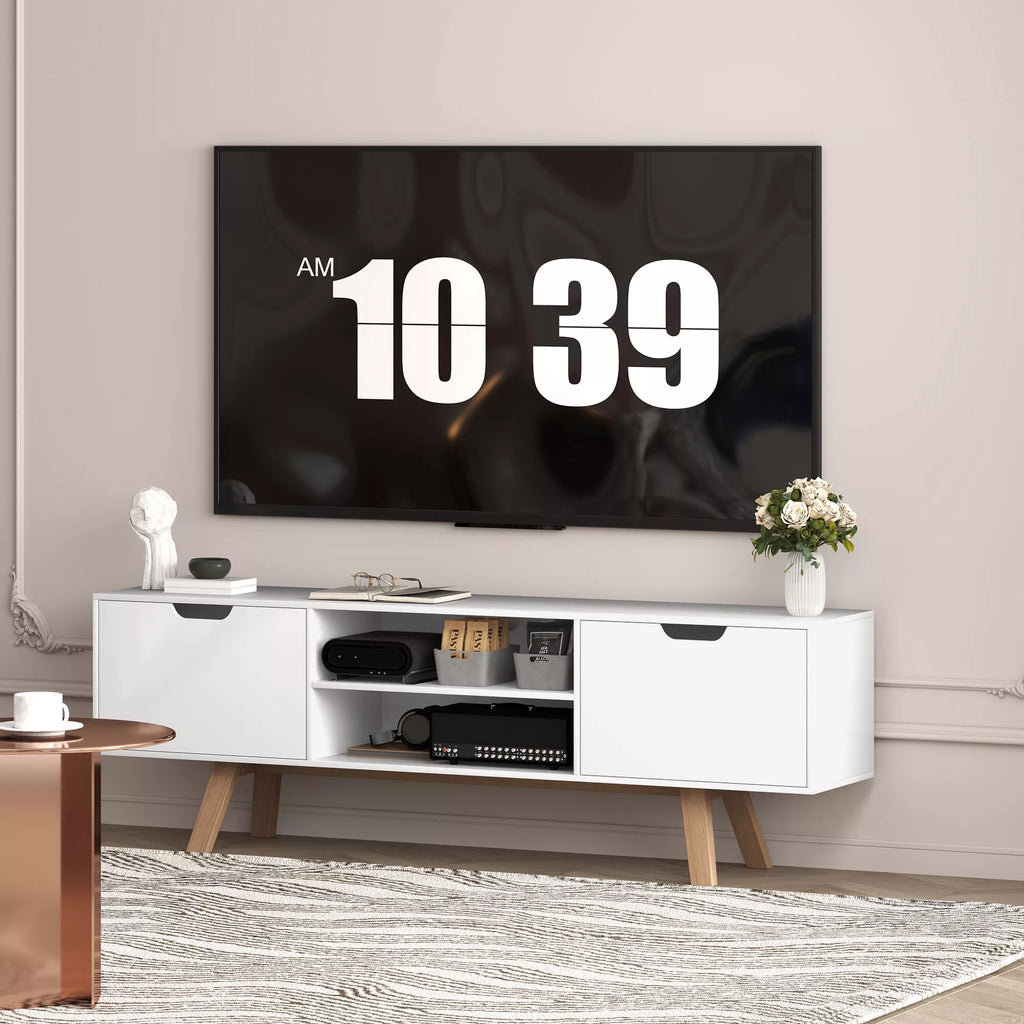 TV staliukas su stalčiais ir atviromis lentynomis, 150 cm, baltas