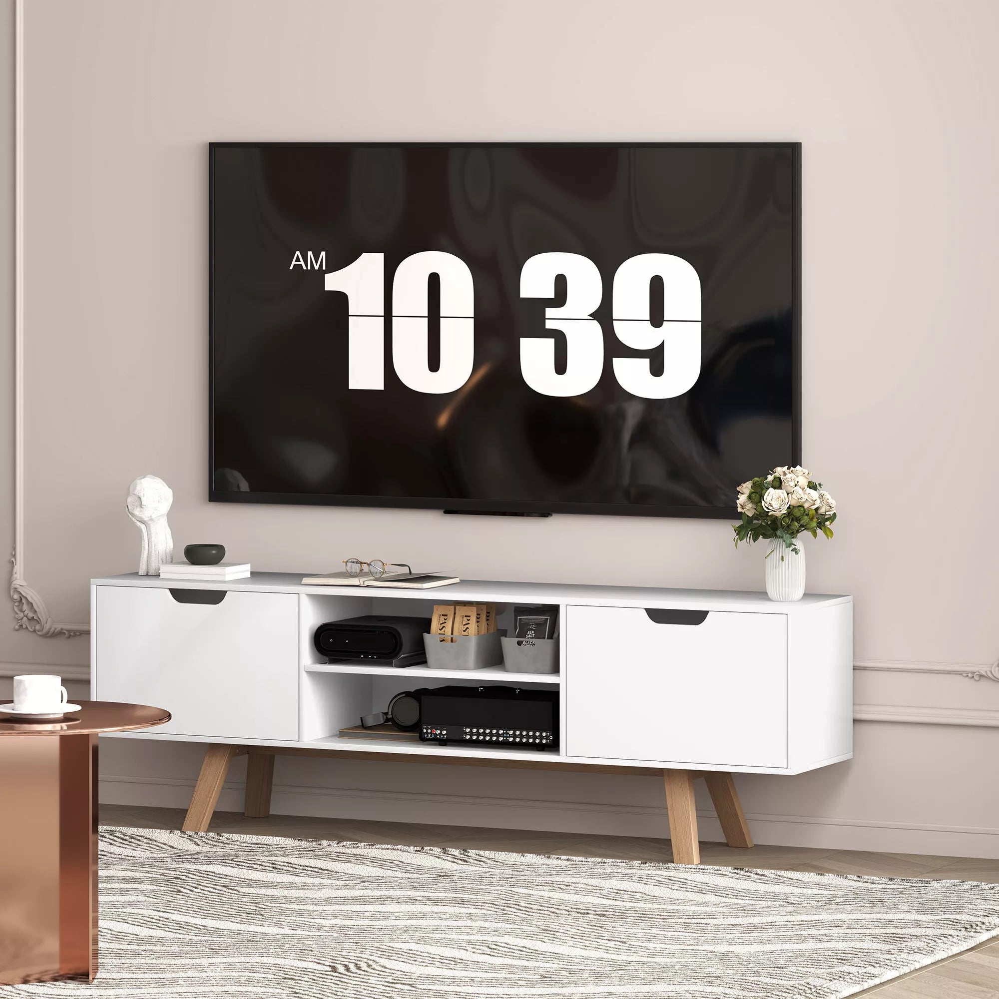 TV staliukas su stalčiais ir atviromis lentynomis, 150 cm, baltas