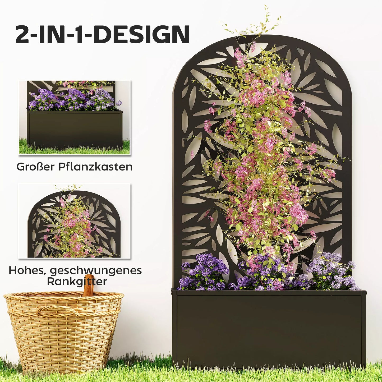 Metalinė aukšta lysvė su grotelėmis, montuojama prie sienos arba laisvai stovinti gėlių dėžė su apsauga nuo žvilgsnių