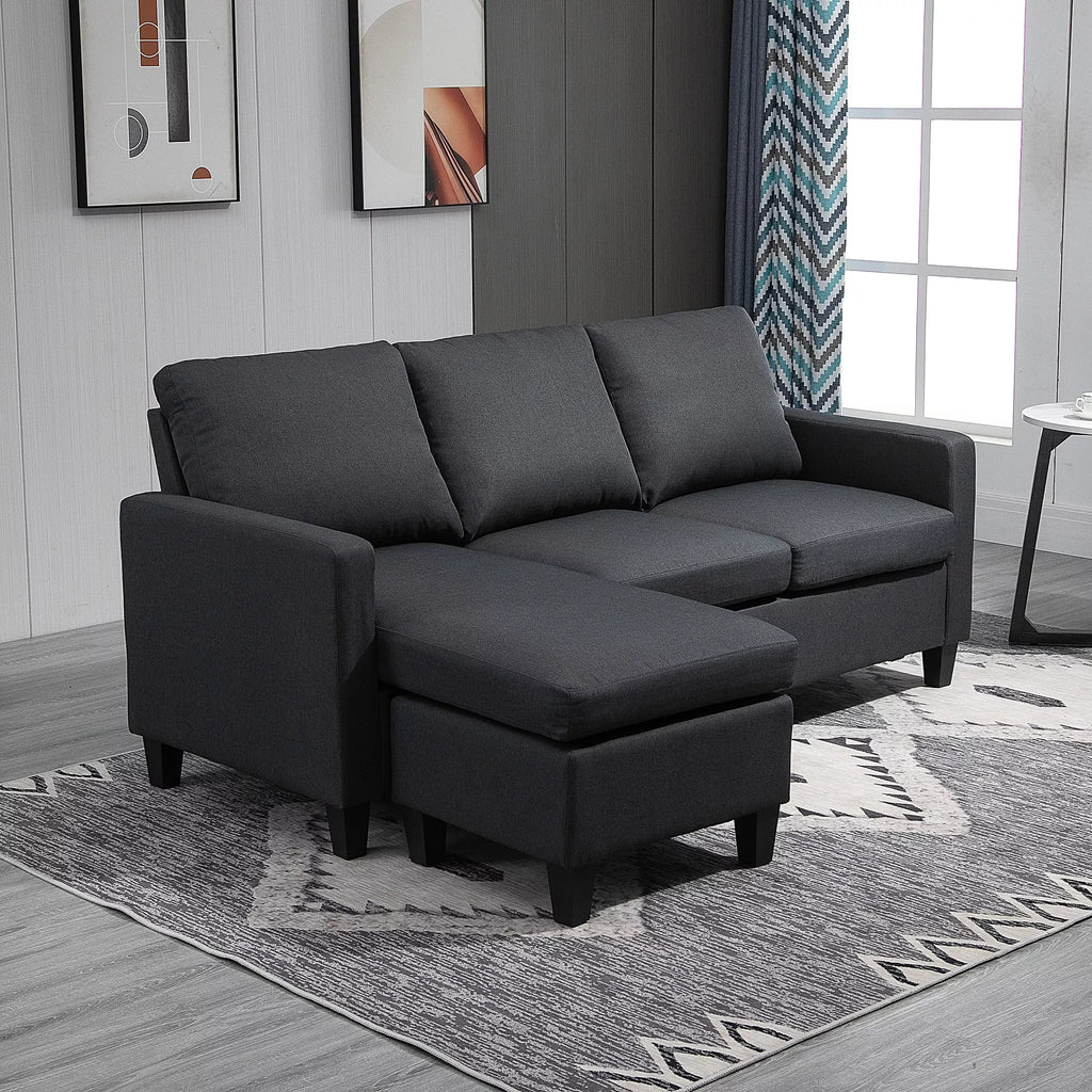 Kampas sekcija, 3 vietų sofa su pagalvėlėmis, kampinė sofa, L formos sofa svetainei, miegamajam 197 x 139 x 91 cm, linas, tamsiai pilka