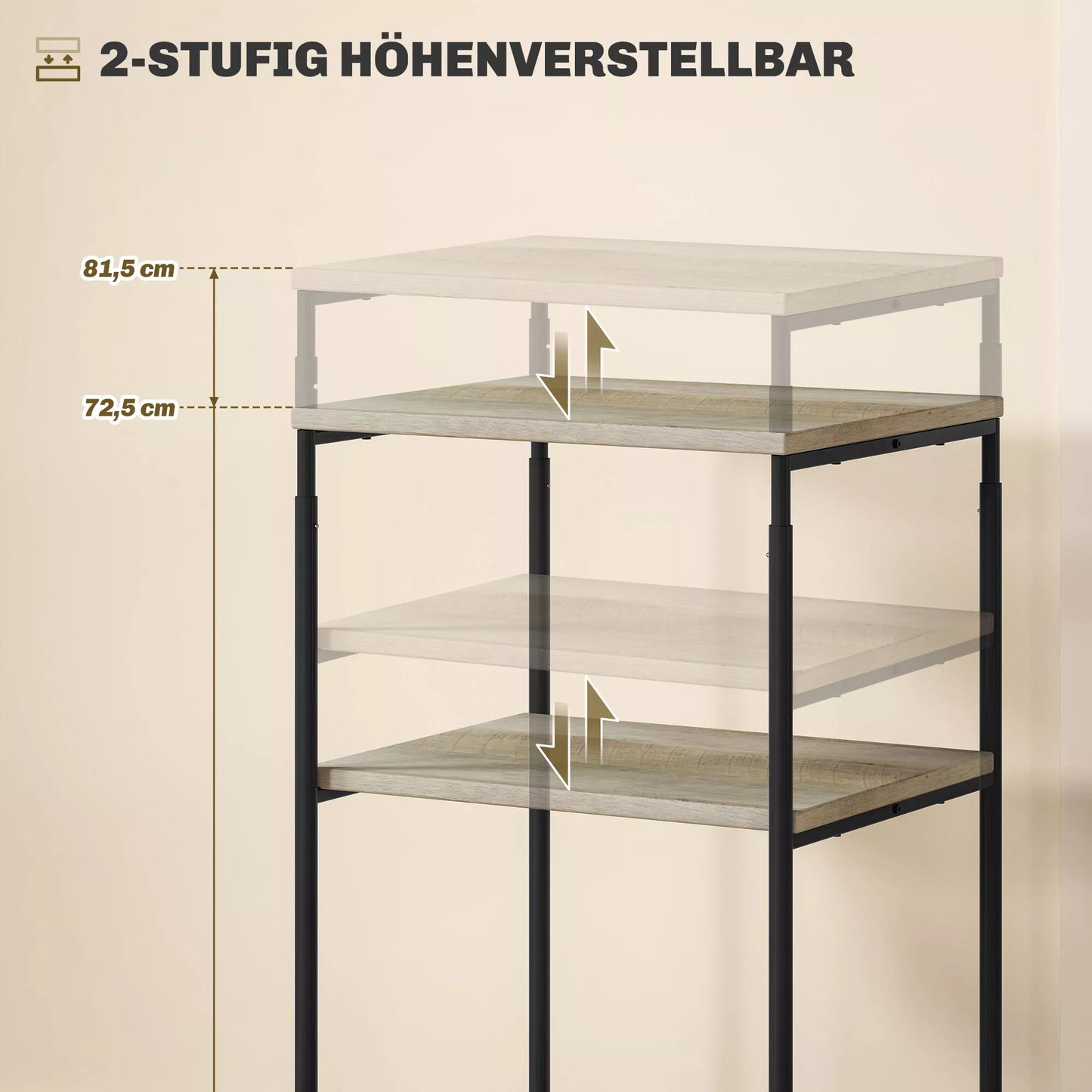 Spausdintuvo stovas su 3 lentynomis, reguliuojamo aukščio, mobilus spausdintuvo vežimėlis su ratukais, namų biurui, metalo ir medžio